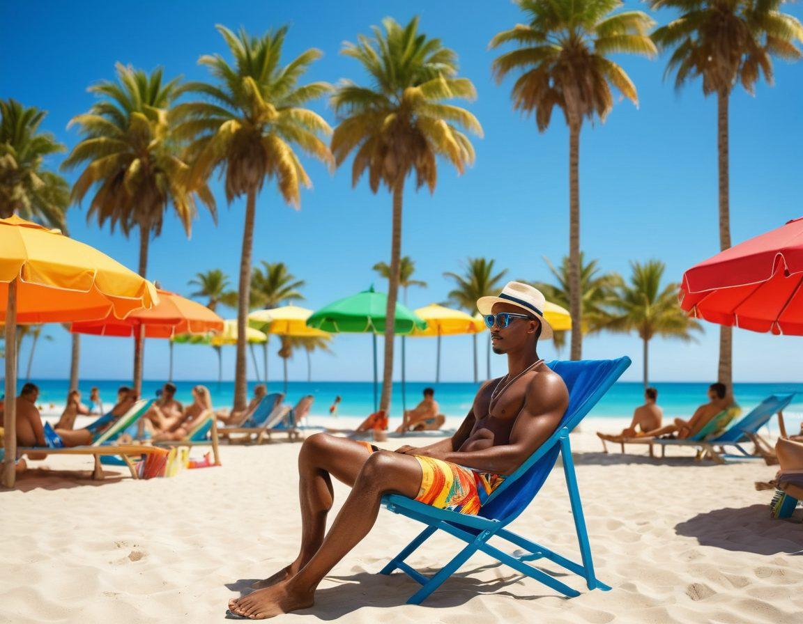 A sun-soaked beach scene showcasing diverse men in stylish swimwear, lounging under colorful umbrellas, playing beach volleyball, and surfing. Vibrant beach accessories like sunglasses, hats, and flip-flops add flair. Lush palm trees sway in the background, and a clear blue sky enhances the summer vibe. The scene captures the essence of beach fashion trends with lively energy. super-realistic. vibrant colors. bright blue sky.
