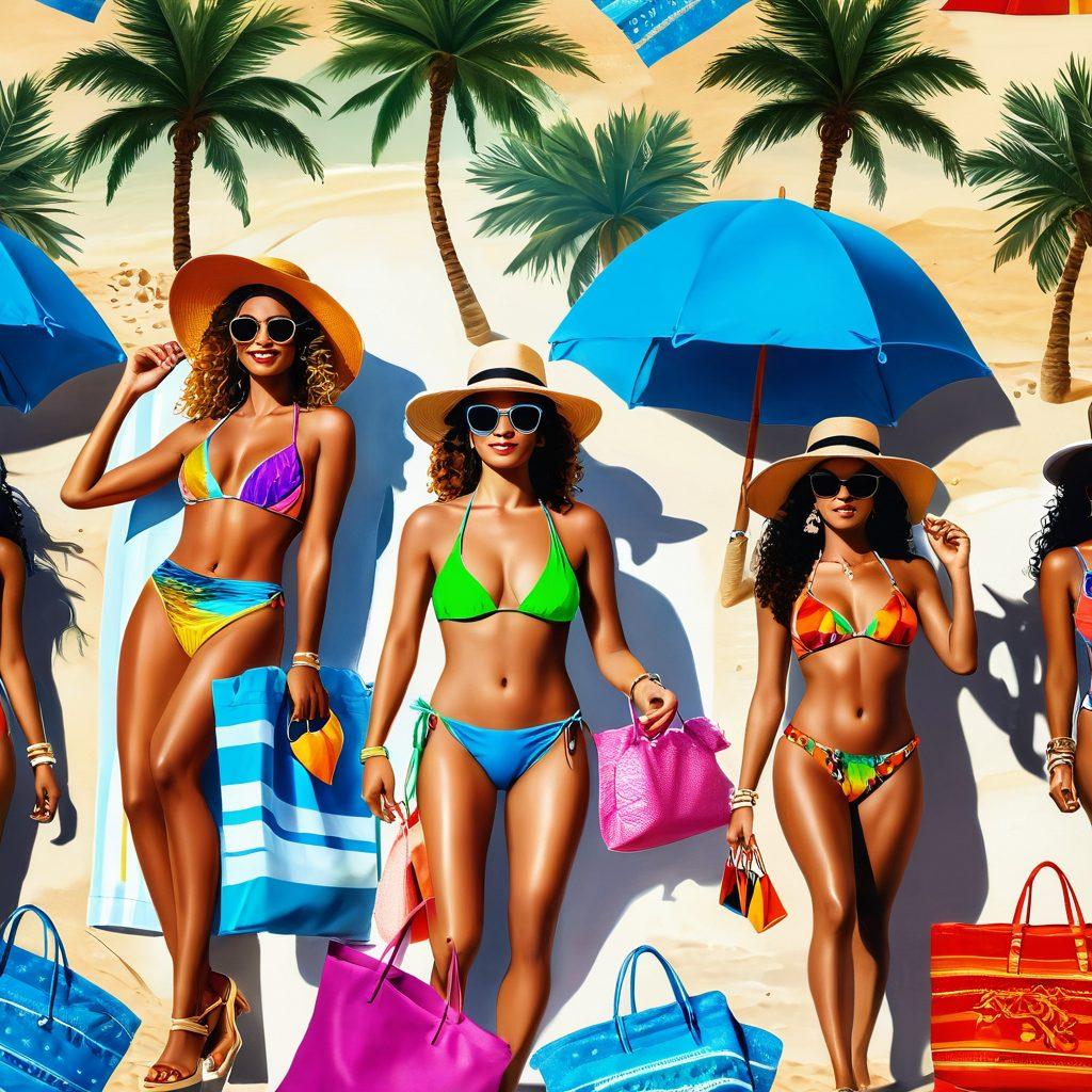 A vibrant beach scene showcasing a diverse group of stylish individuals wearing trendy swimwear and chic accessories like sunglasses, wide-brim hats, and colorful beach bags. The sun is shining, with palm trees in the background and crystal-clear waves lapping at the shore. Include a sandy beach with beach towels and umbrellas to enhance the atmosphere. super-realistic. vivid colors. sunny ambiance.